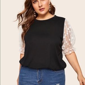 NWT SHEIN Plus Contrast Polka Dot Mesh Sleeve Top